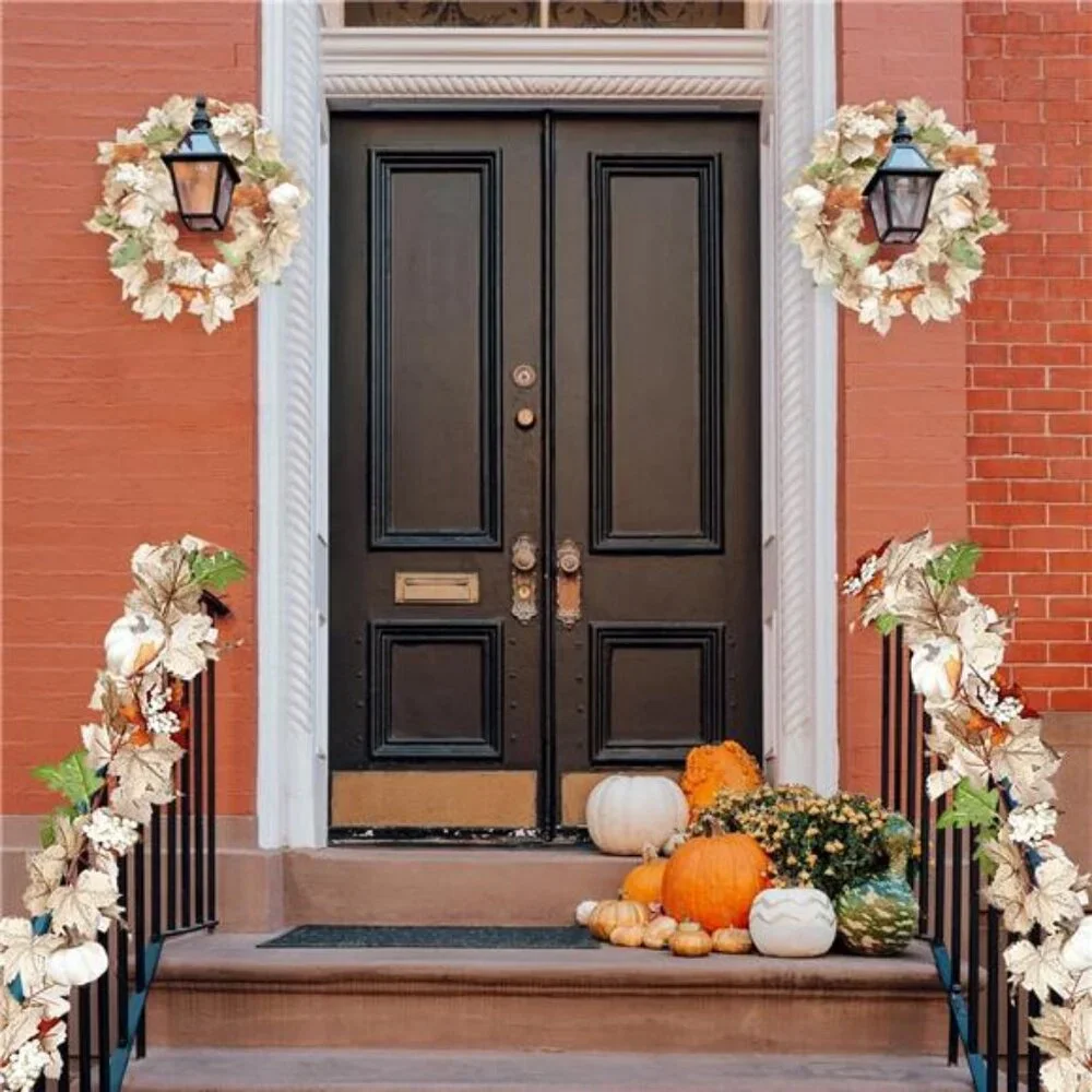 Fall Maple Leaf Garland with White Pumpkins Clusters of Berries